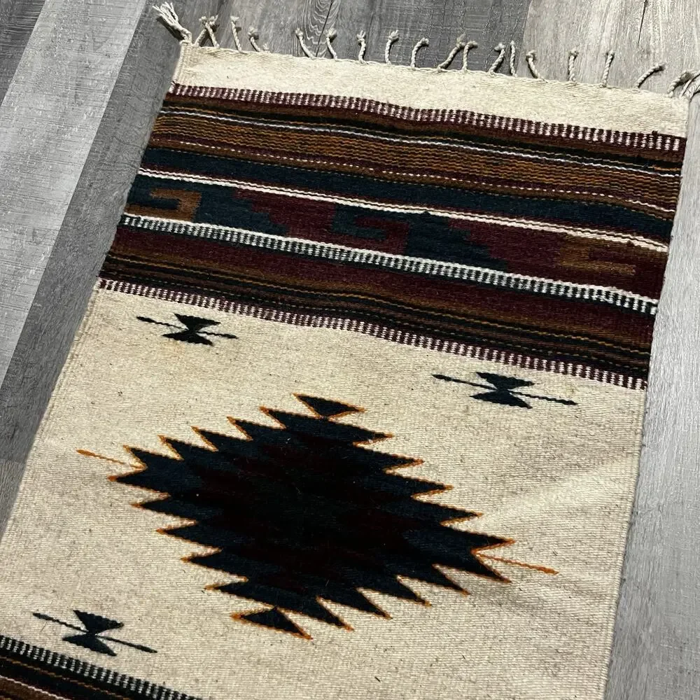 Southwestern Mexico Area Rug Tan Black Red Woven Wool Fringe Edge Wall Hanging